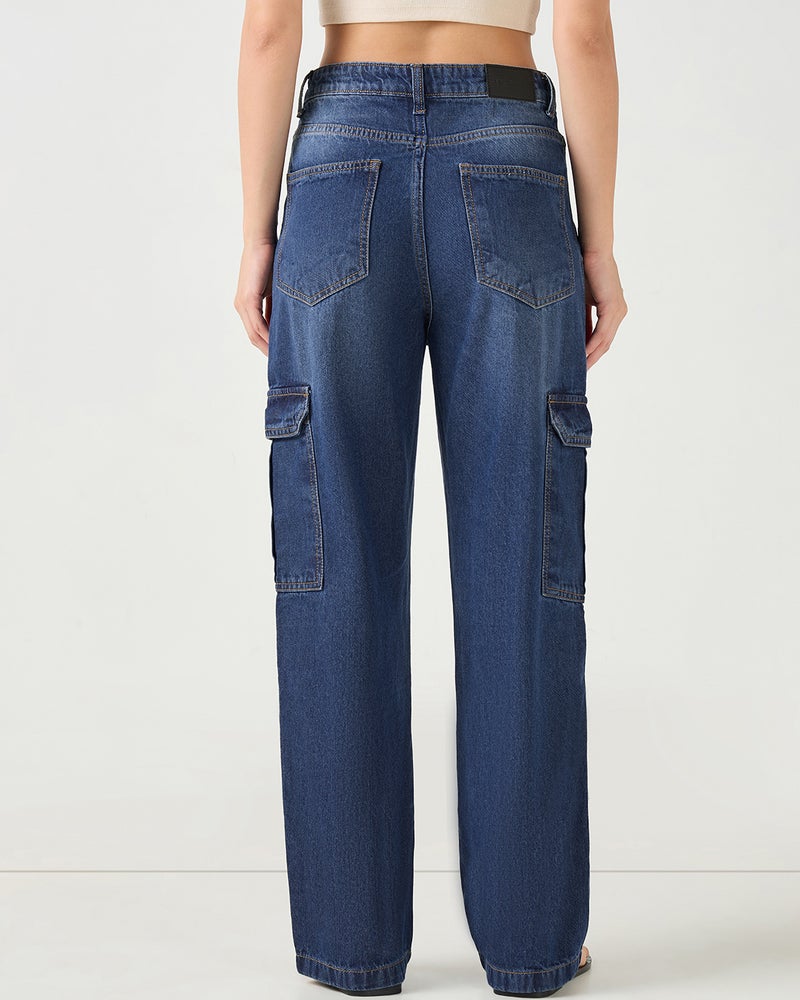 bewakoof Women's Dark Blue Washed Straight Fit Cargo Jeans - Image 3